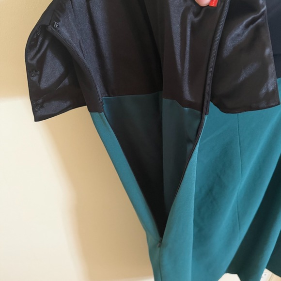 ML Monique LHuillier Off-Shoulder Midi Dress Green Black Sz 14  EUC Classic Mini - Picture 2 of 16